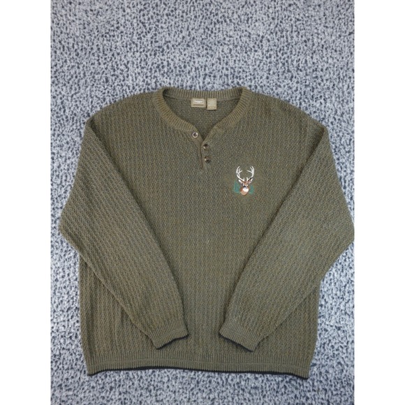 Haggar Generations Henley Sweater Mens Large Green Deer Embroidery Cotton Blend